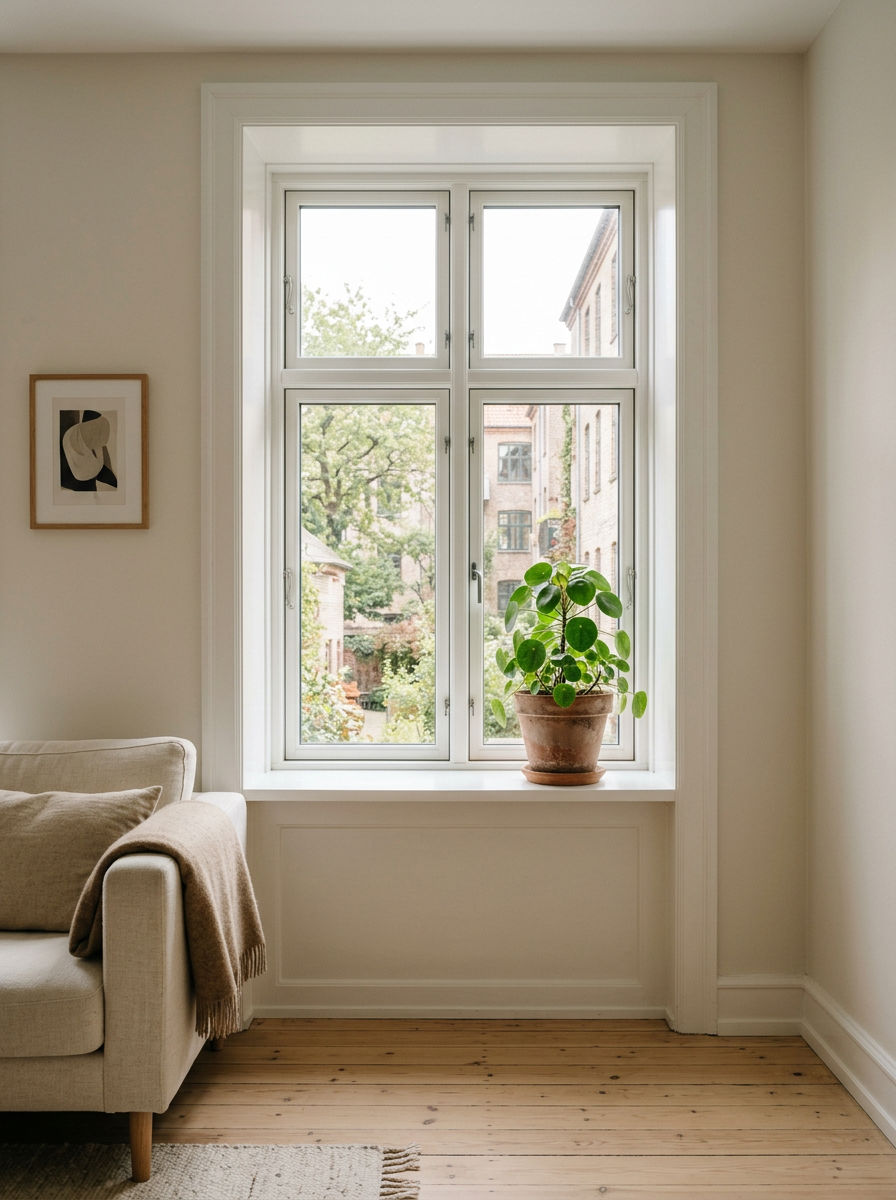 Generated image of a tall white-framed window in a living room