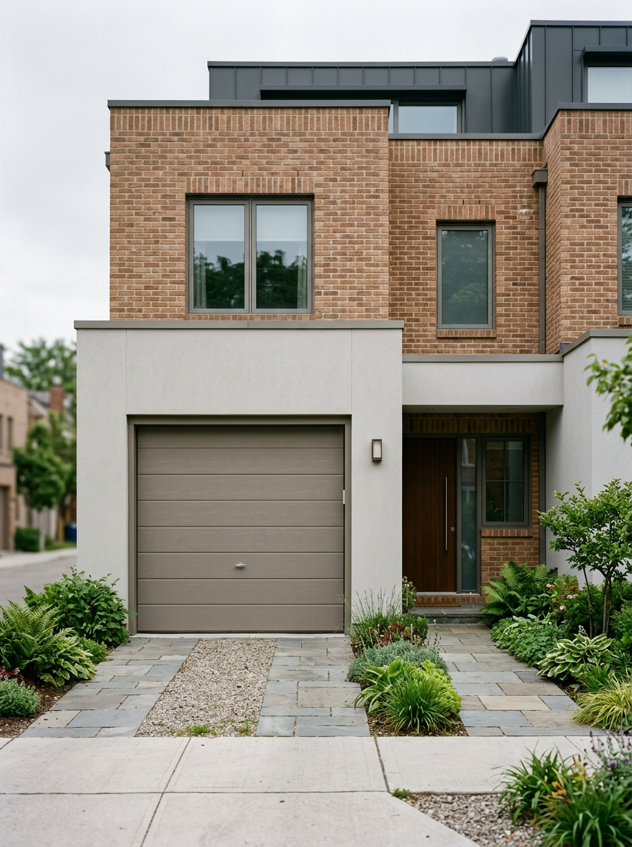 Generated image of a warm grey sectional garage door on a brick townhouse