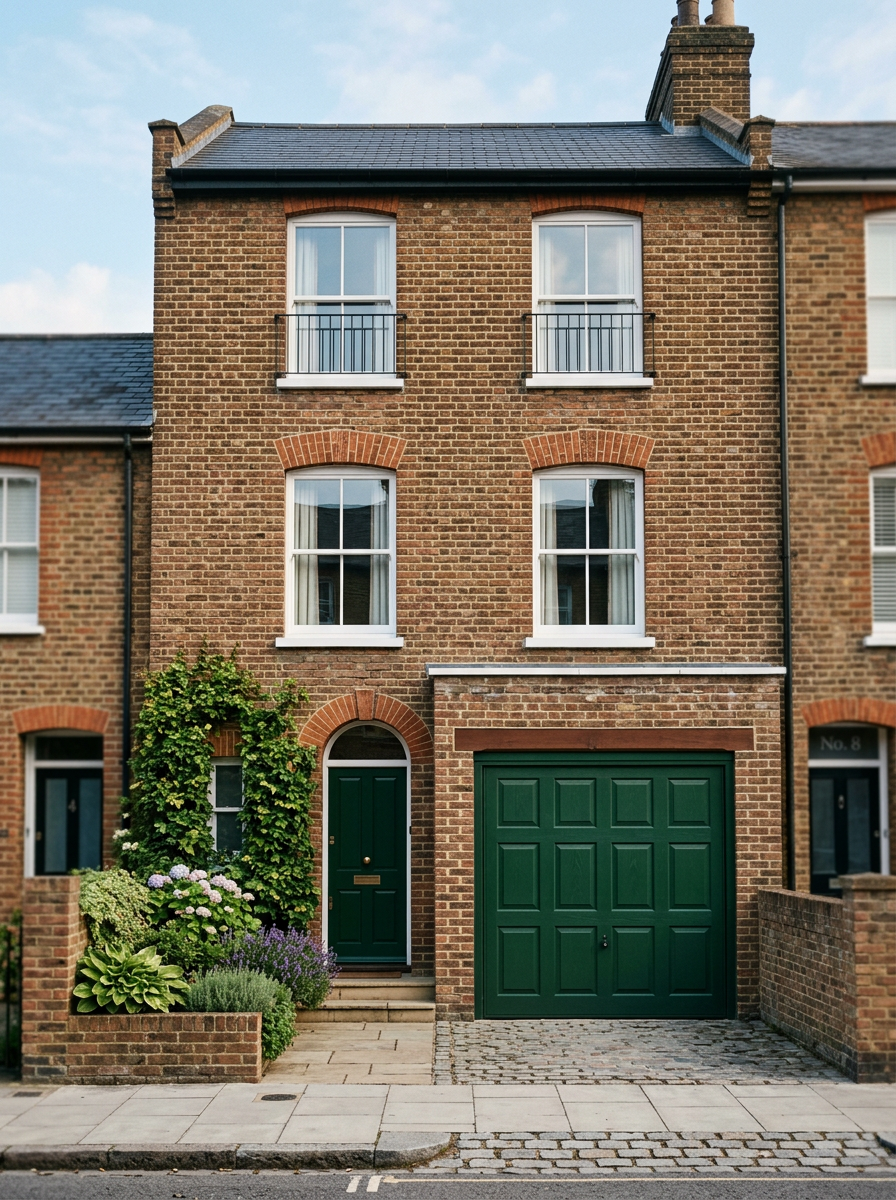 Generated image of a brick terraced house with white windows and a green garage door